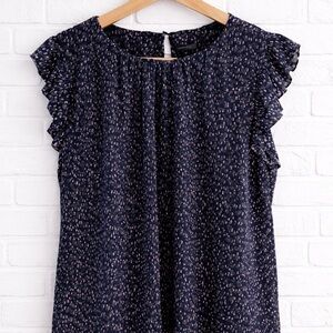 RW&CO Pleated Floral Blouse Navy Ruffle Sleeve Women’s Size L